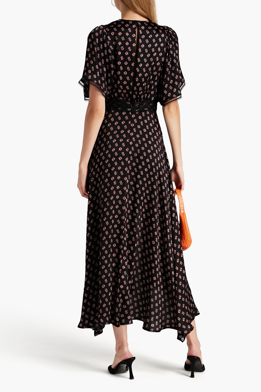 MAJE Lace-trimmed logo-print silk maxi dress