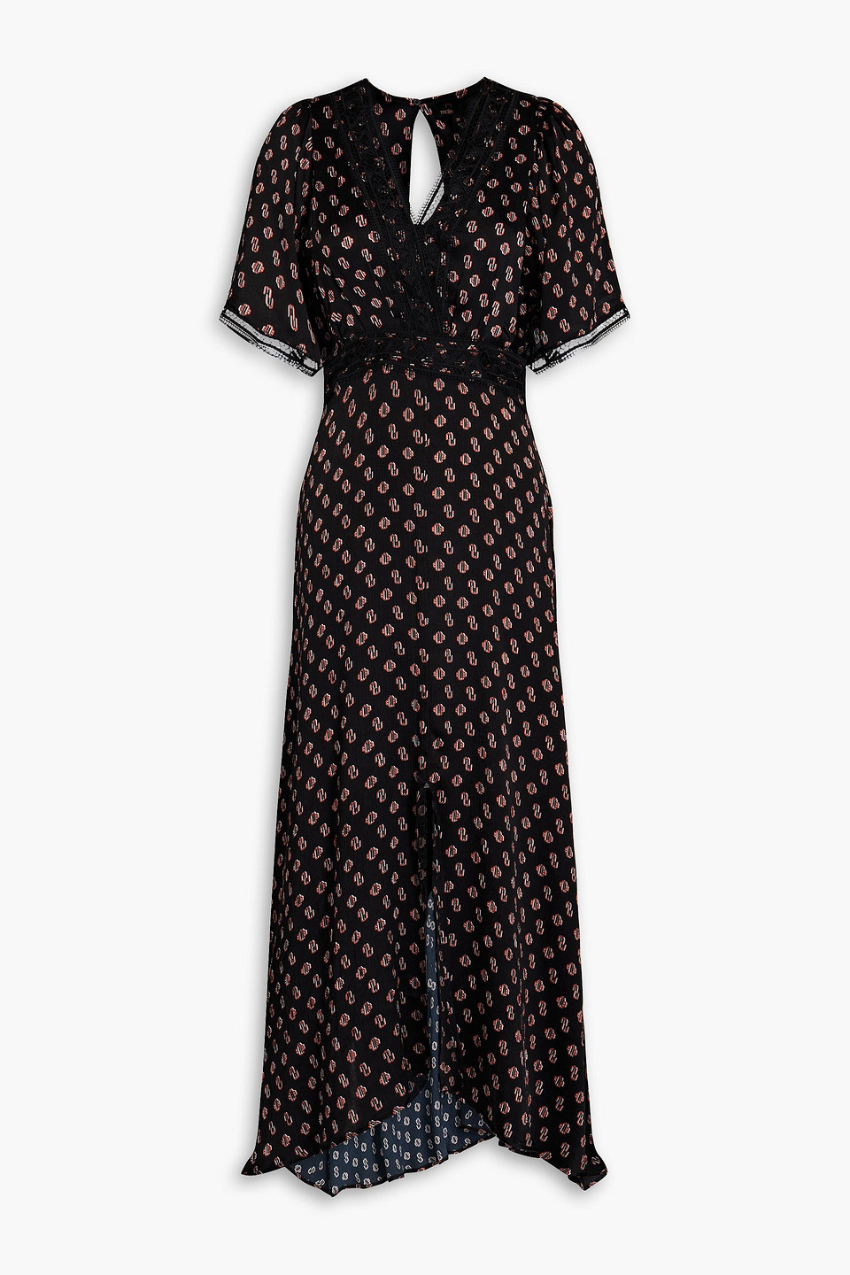Lace-trimmed logo-print silk maxi dress