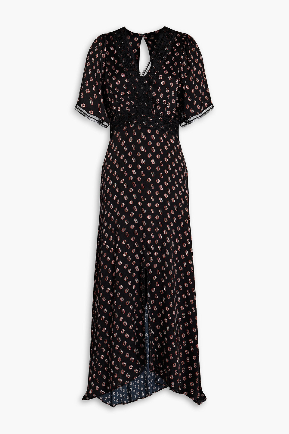 Shop Maje Lace-trimmed Logo-print Silk Maxi Dress In Black