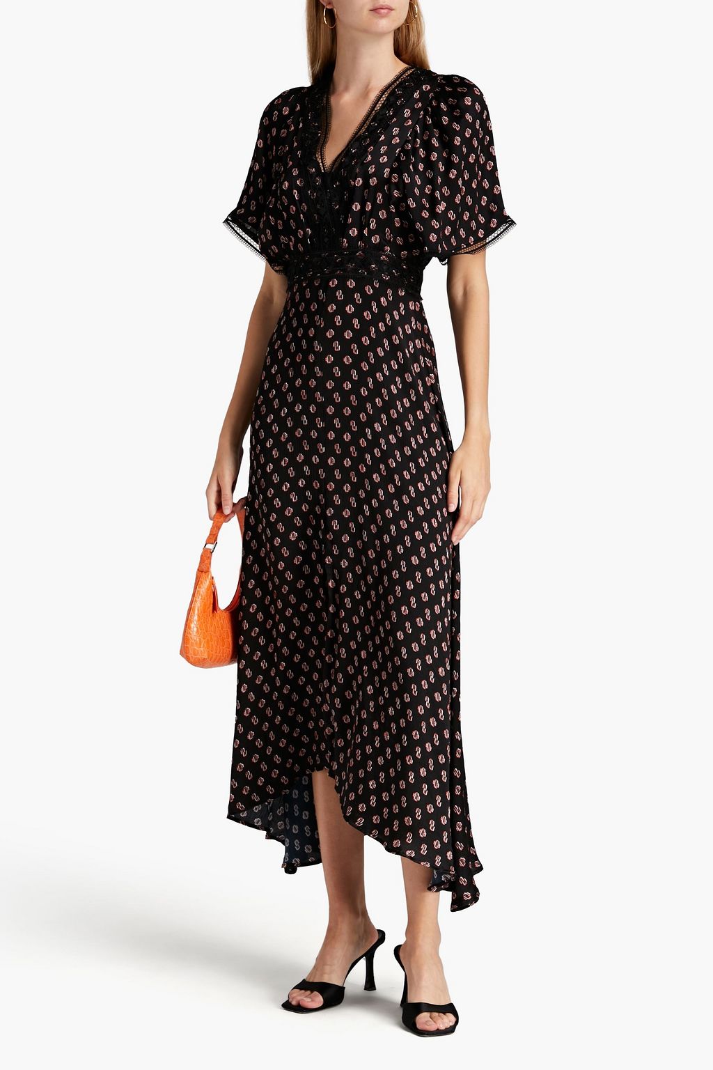 MAJE Lace-trimmed logo-print silk maxi dress