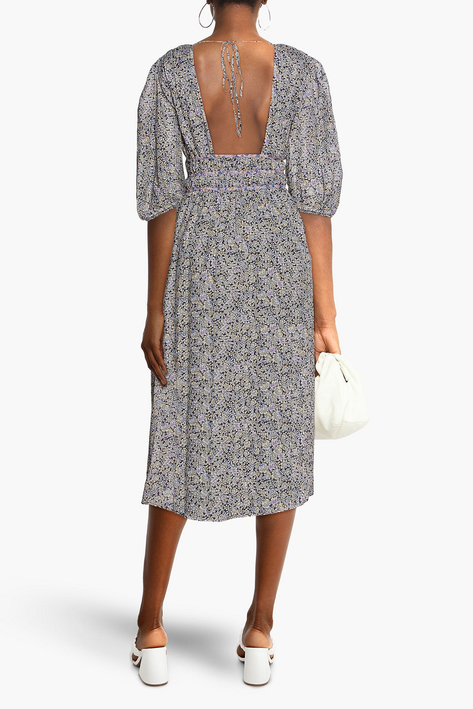 Shop Maje Gathered Floral-print Cotton-voile Midi Dress In Midnight Blue