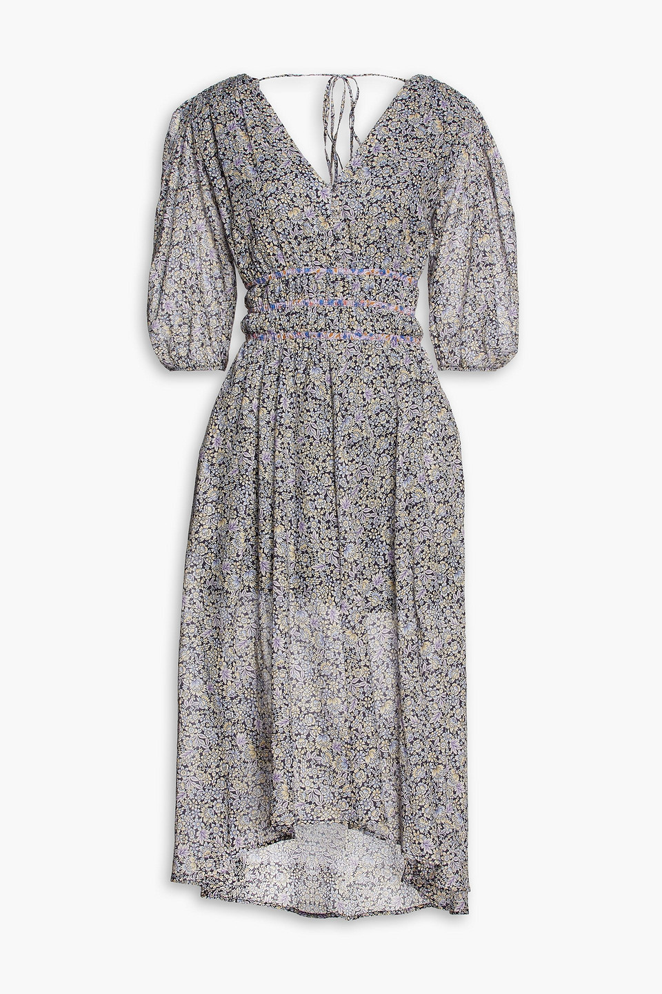 Maje Gathered Floral-print Organic Cotton Midi Dress In Midnight Blue