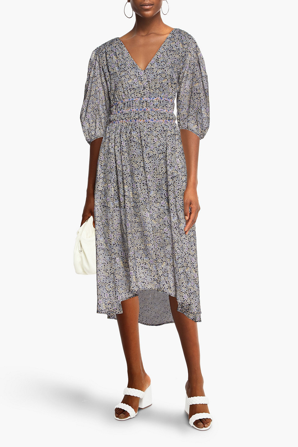 Shop Maje Gathered Floral-print Cotton-voile Midi Dress In Midnight Blue