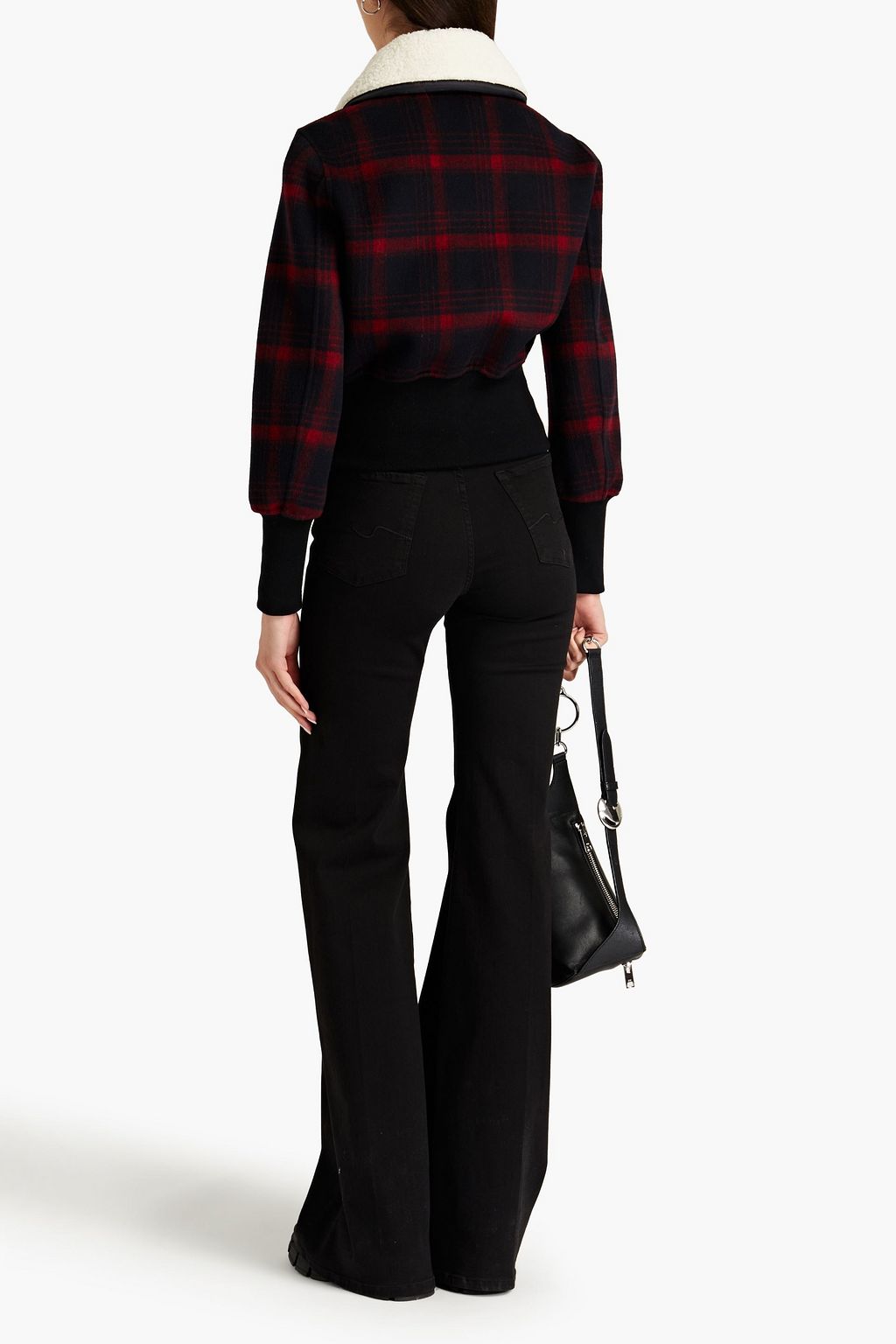 MAJE Faux shearling-trimmed wool-blend flannel bomber jacket