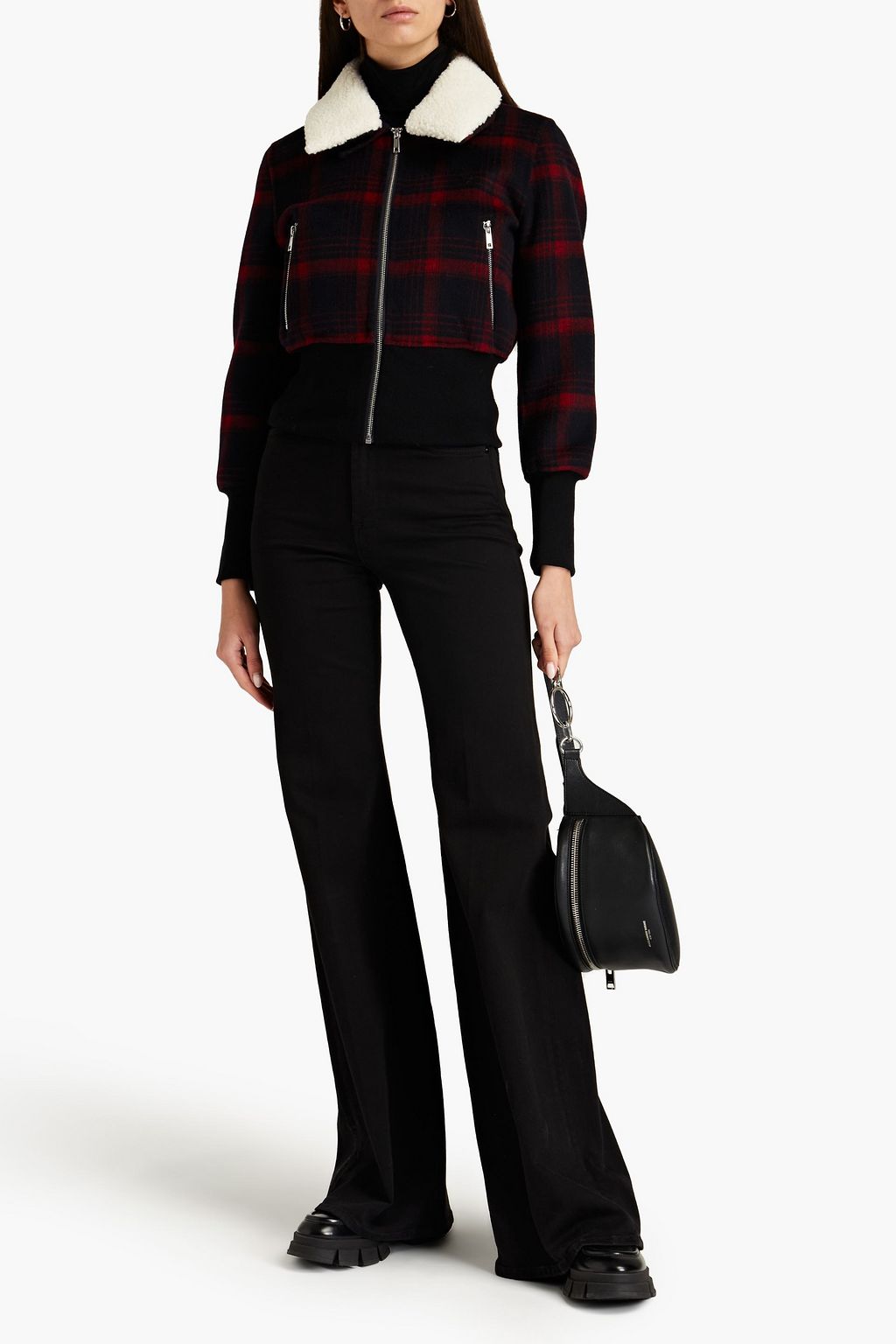 MAJE Faux shearling-trimmed wool-blend flannel bomber jacket