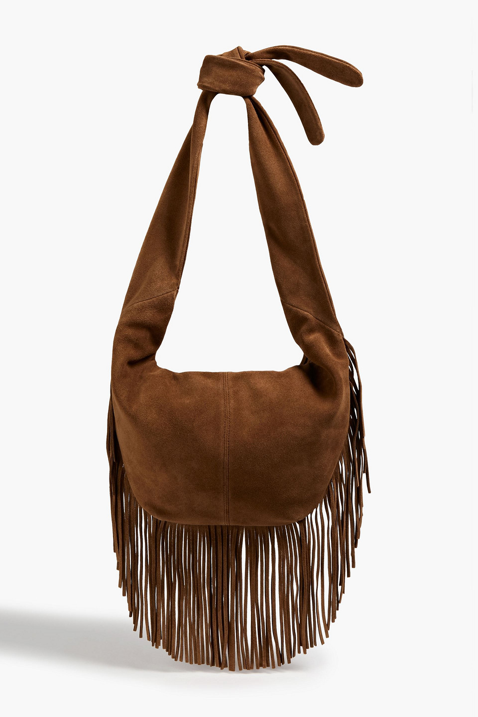 Maje Fringed Knotted Suede Shoulder Bag In Brown