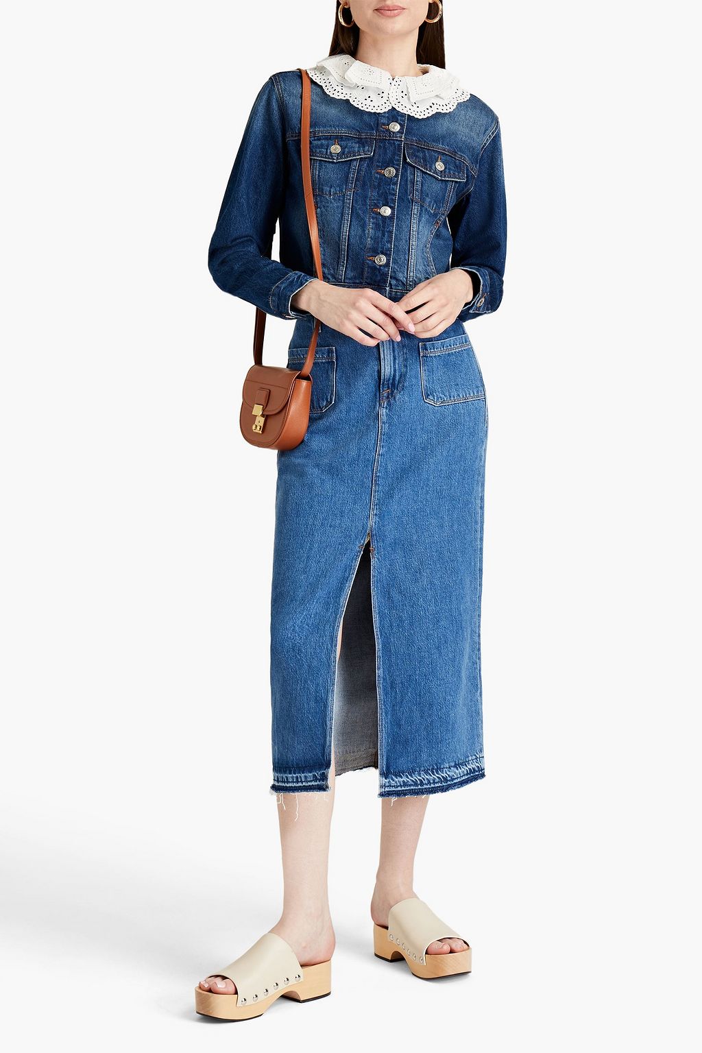 MAJE Broderie anglaise-trimmed denim jacket