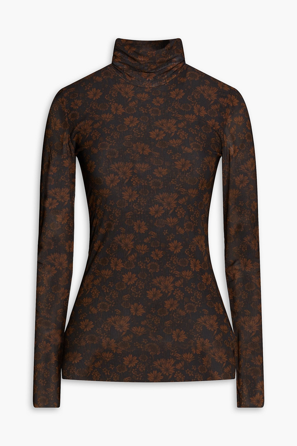 ganni - floral-print stretch-mesh turtleneck top - brown - eu 36