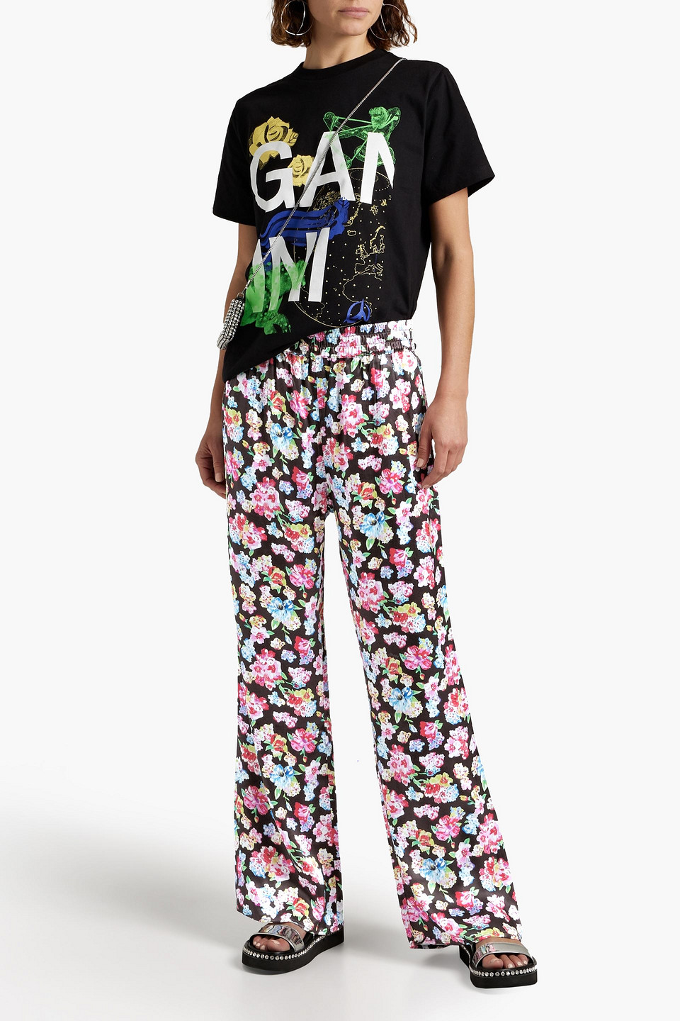 Ganni Floral-print Satin Pajama Pants In Multicolor