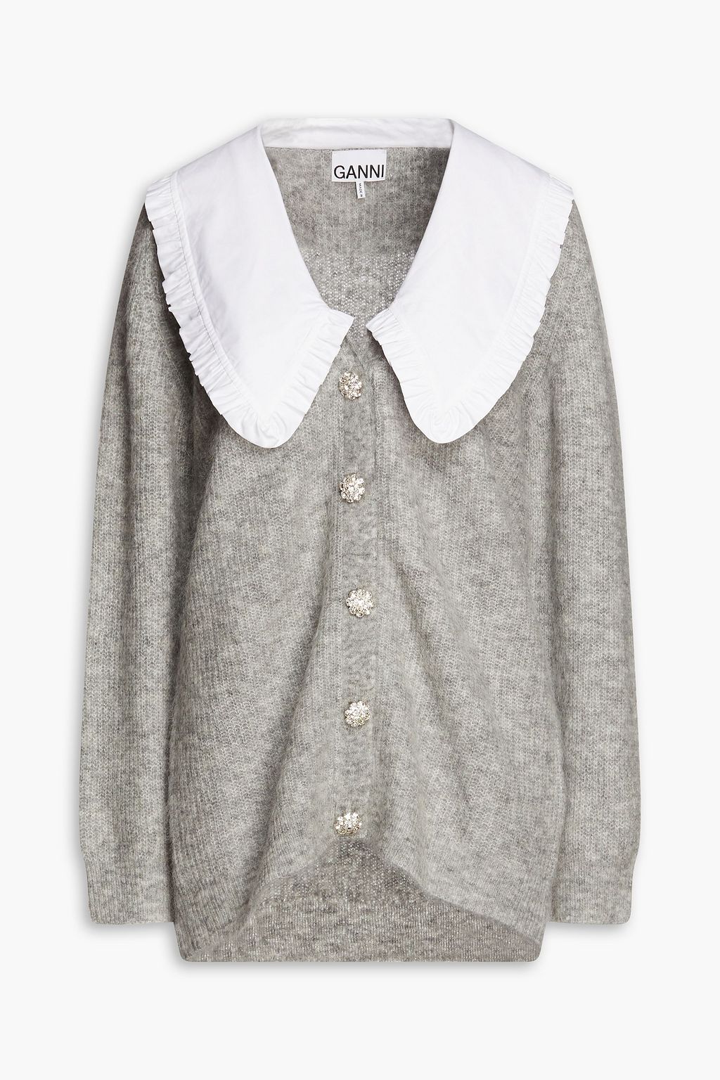 Ganni - Poplin-trimmed Crystal-embellished Ribbed-knit Cardigan Gray - M