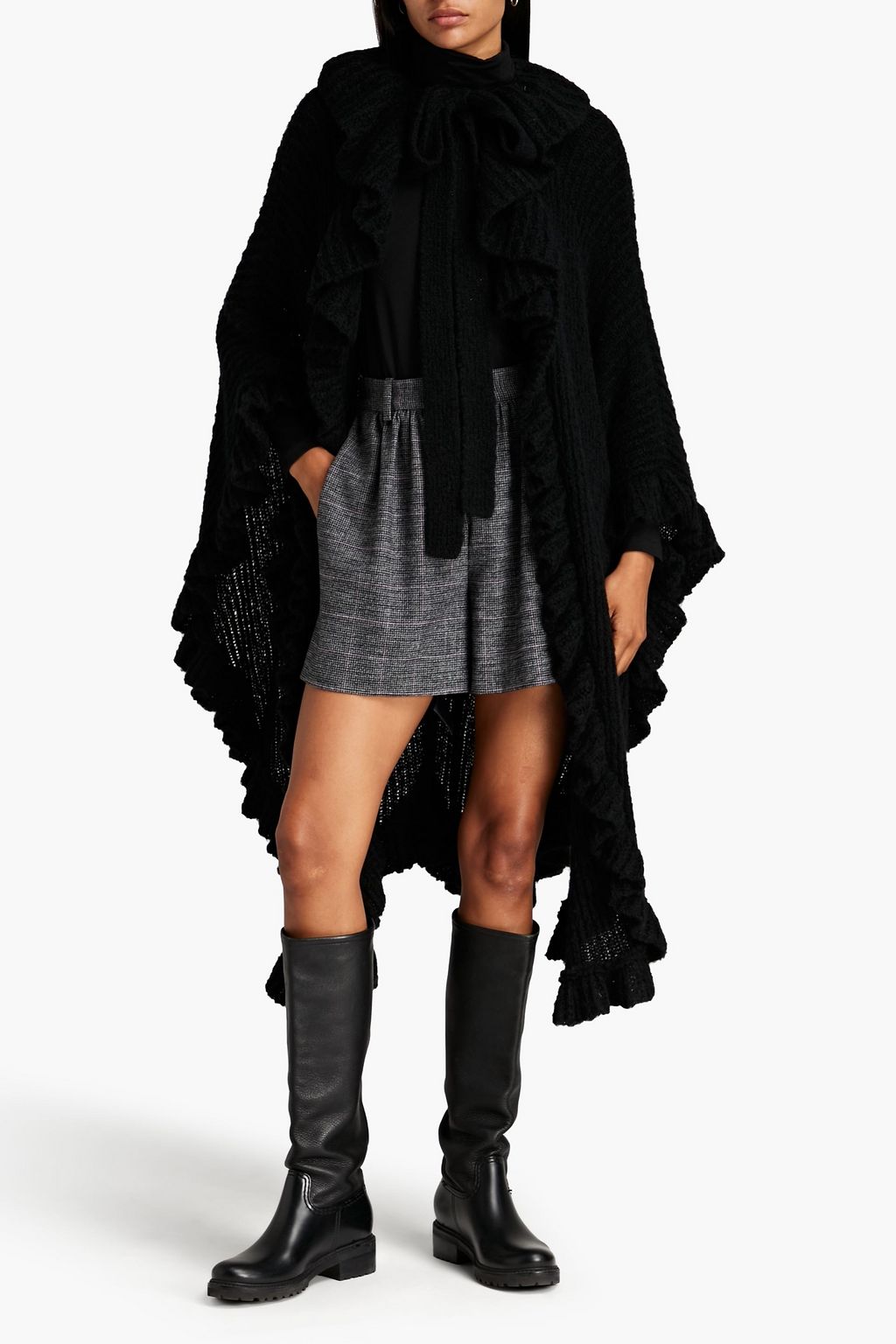 REDVALENTINO Asymmetric ruffled ribbed-knit cape