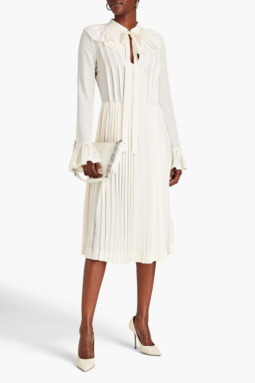 VICTORIA BECKHAM シルククレープ ミディワンピース リボンタイ プリーツ入り