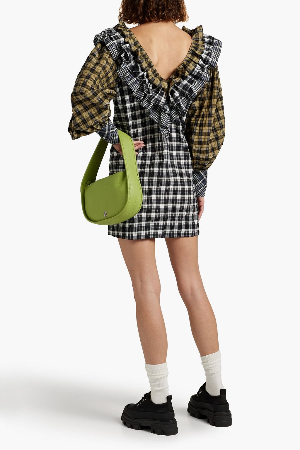 GANNI Ruffled gingham cotton-blend seersucker mini dress