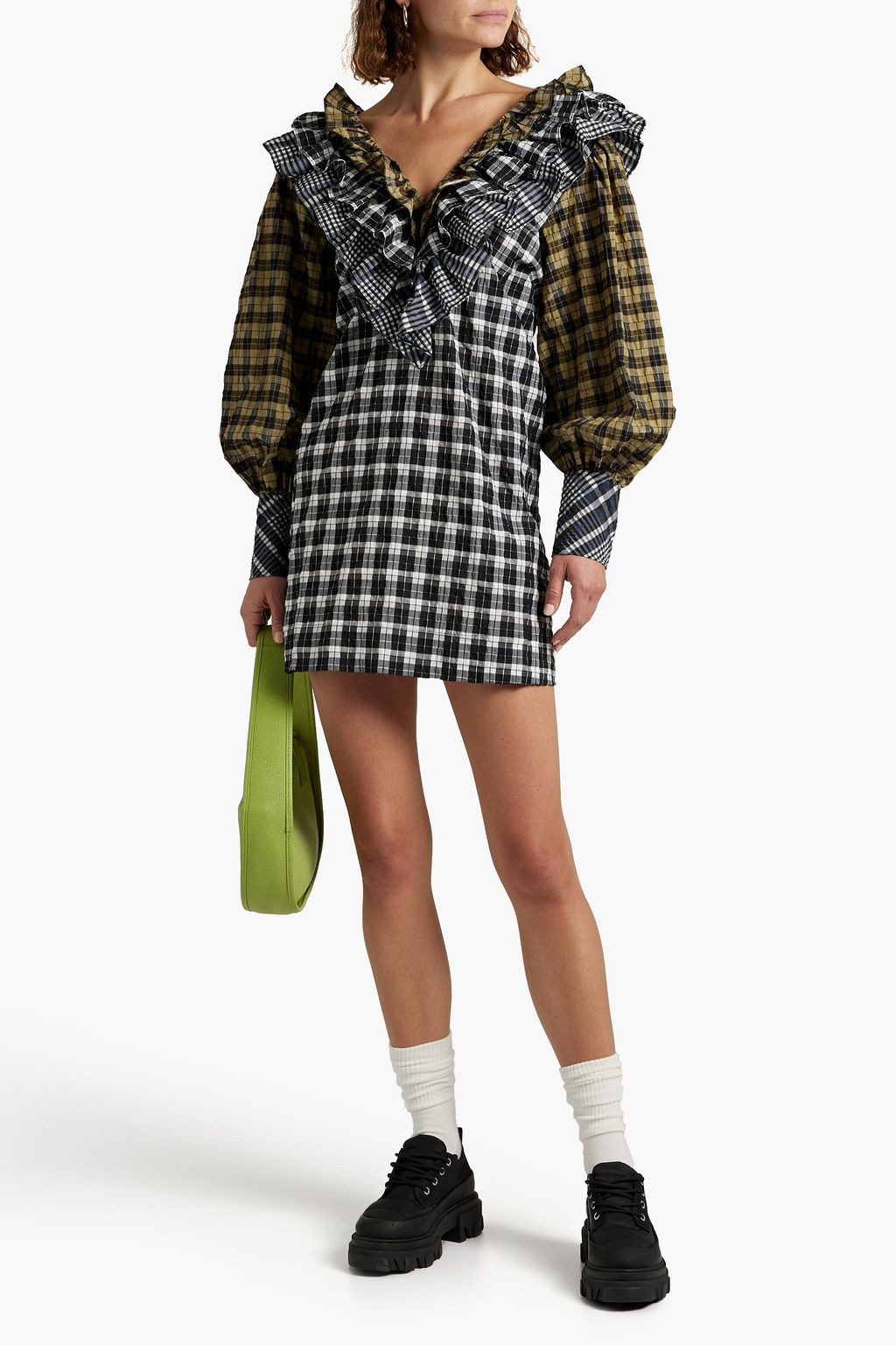 GANNI Ruffled gingham cotton-blend seersucker mini dress