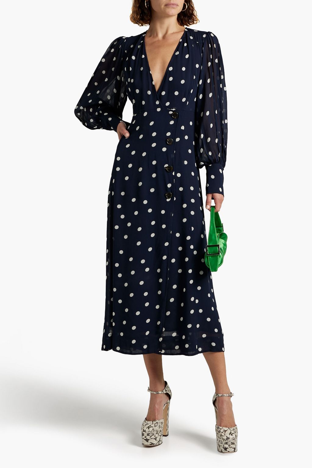 GANNI Wrap-effect polka-dot crepe de chine midi dress