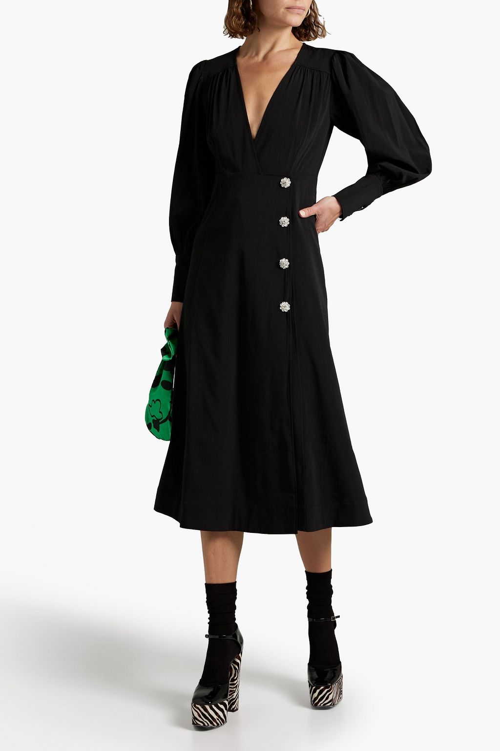 GANNI Gerafftes Midi-Wickelkleid aus Crêpe mit Kristallverzierung