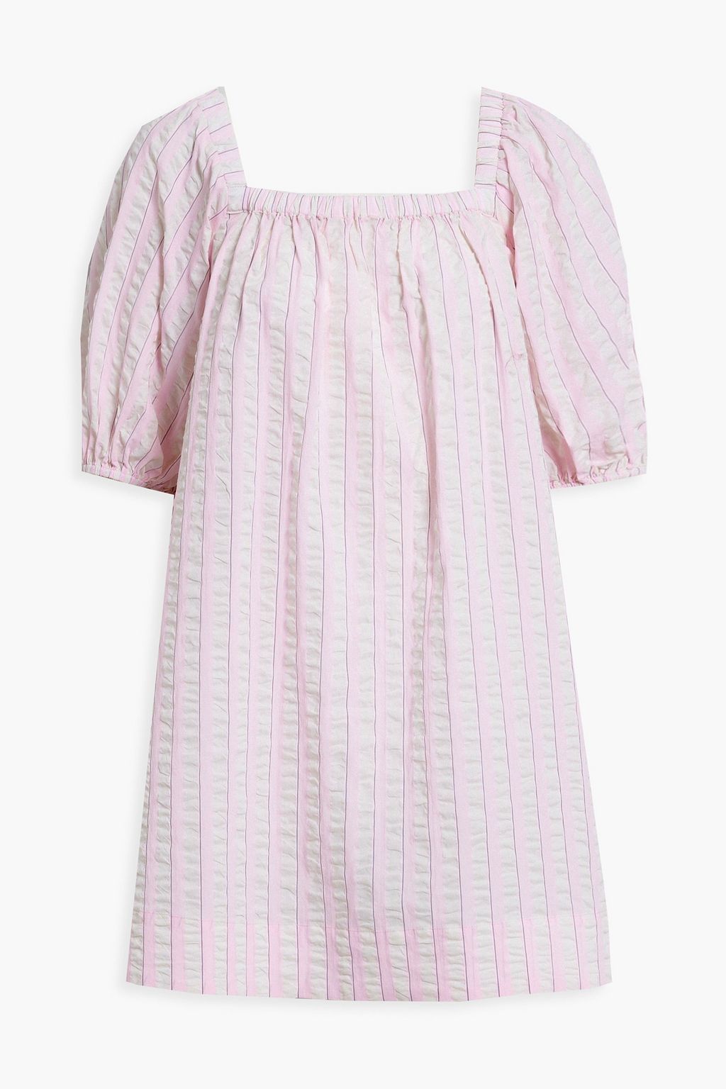 ganni cotton seersucker dress Gathered striped cotton-seersucker mini dress - baby pink