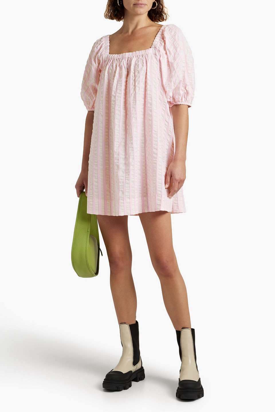 Ganni Gathered Striped Cotton-seersucker Mini Dress In Baby Pink