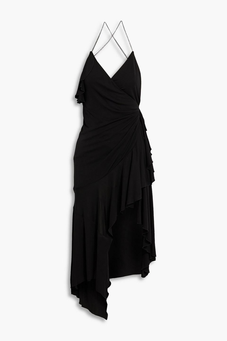Crystal-embellished asymmetric draped jersey mini dress