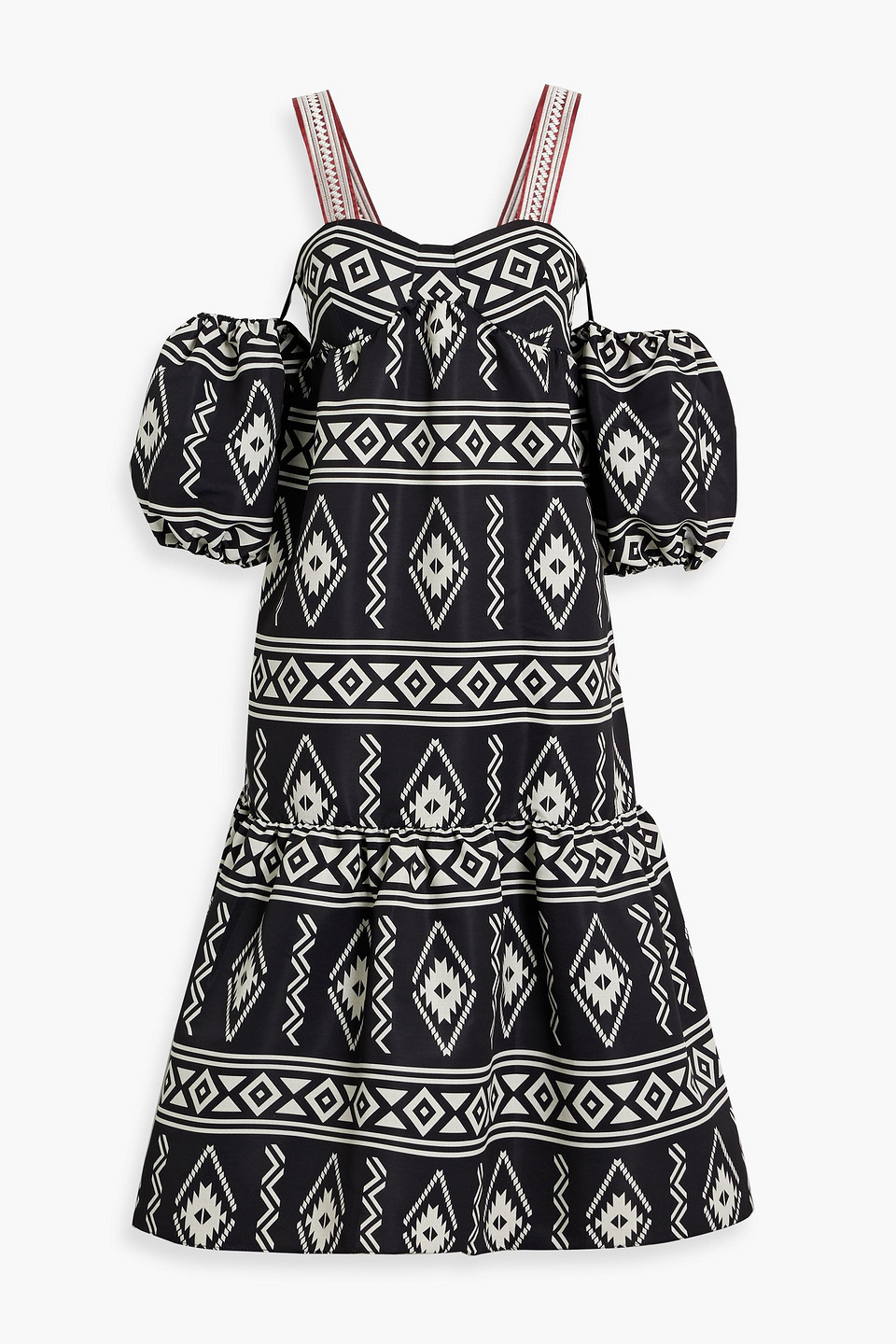 Luna cold-shoulder tiered printed faille midi dress