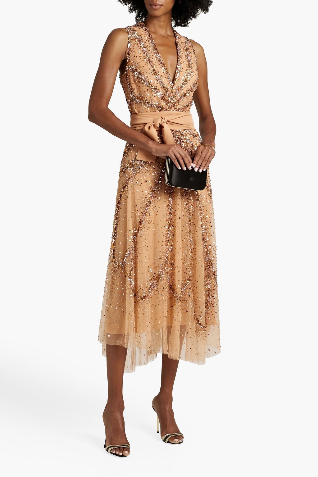 ELIE SAAB Belted sequined tulle midi dress