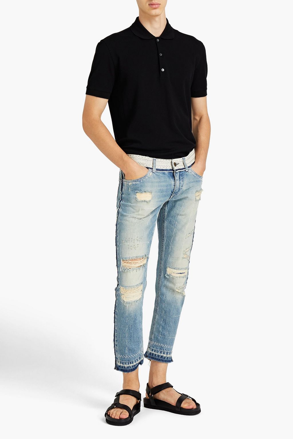 DOLCE & GABBANA Slim-fit embroidered distressed denim jeans