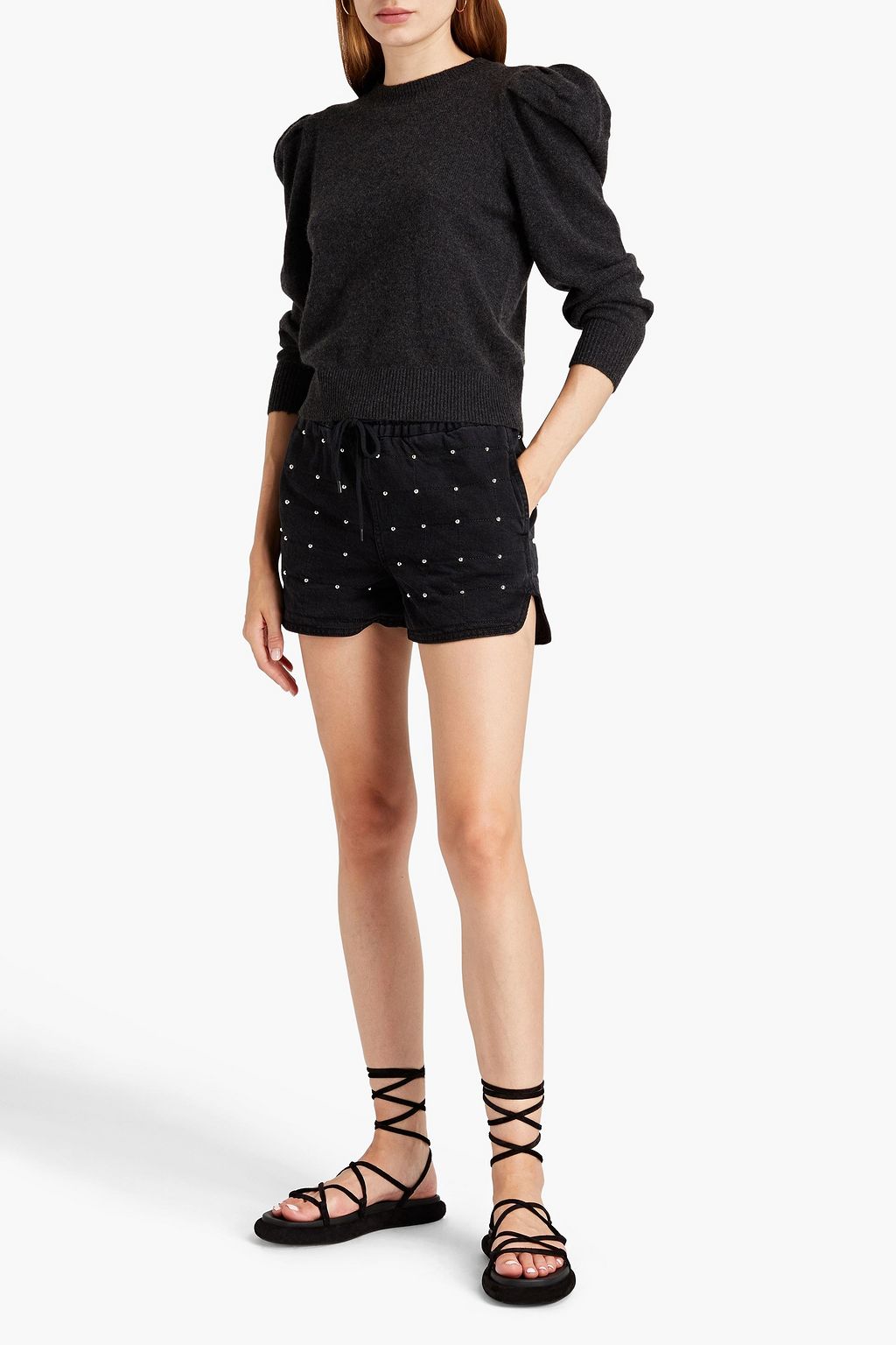 MAJE Quilted studded denim shorts