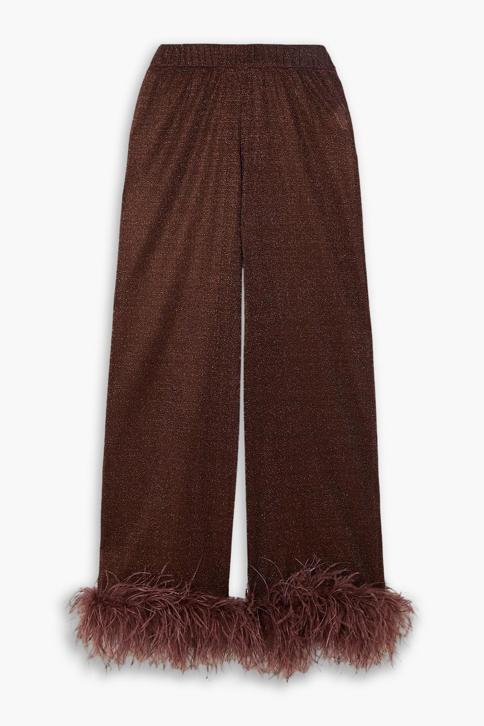 oséree - lumière feather-trimmed metallic stretch-lurex wide-leg pants - brown - s