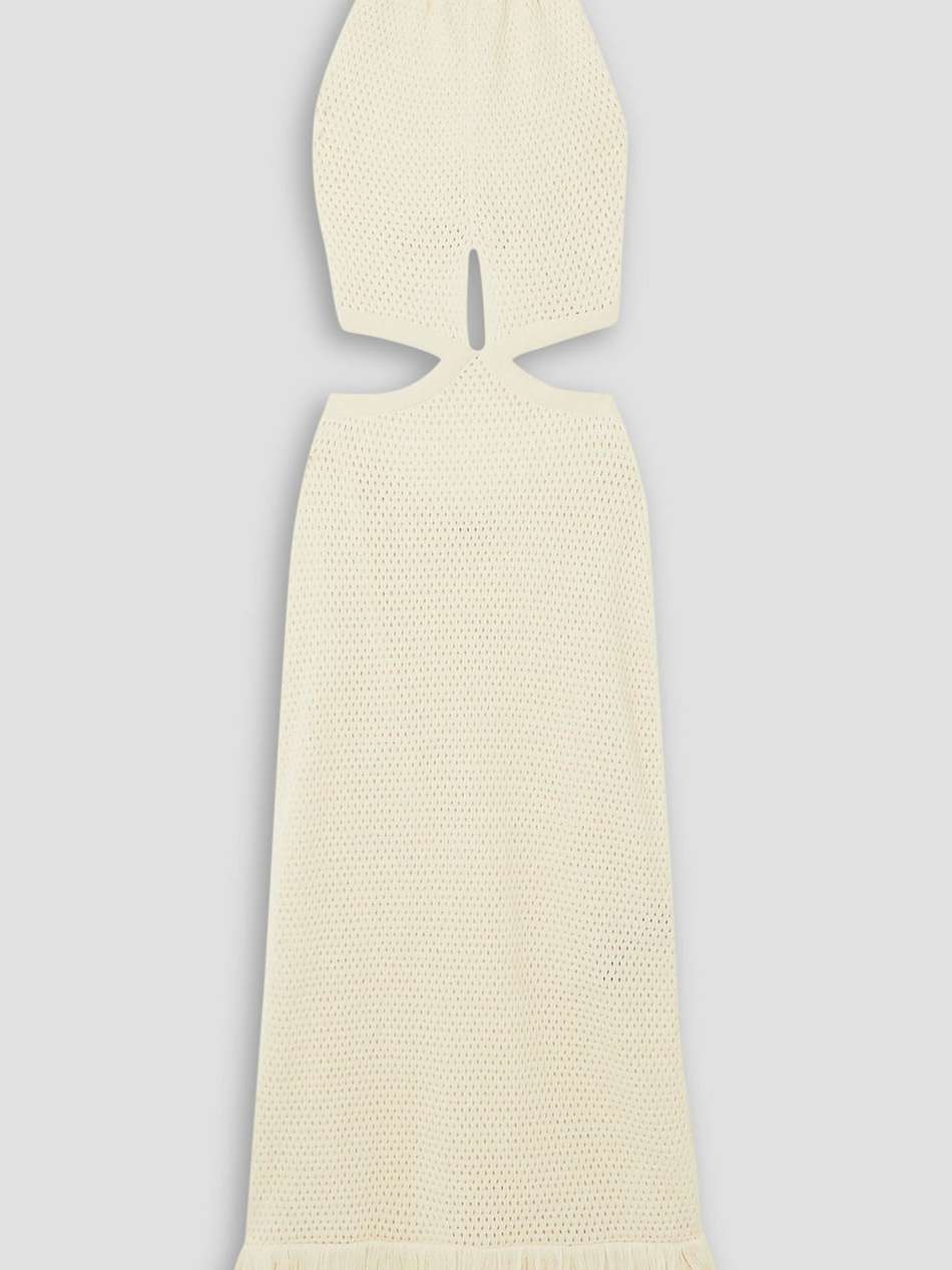 dramatic irony fringed pima cotton halterneck maxi dress