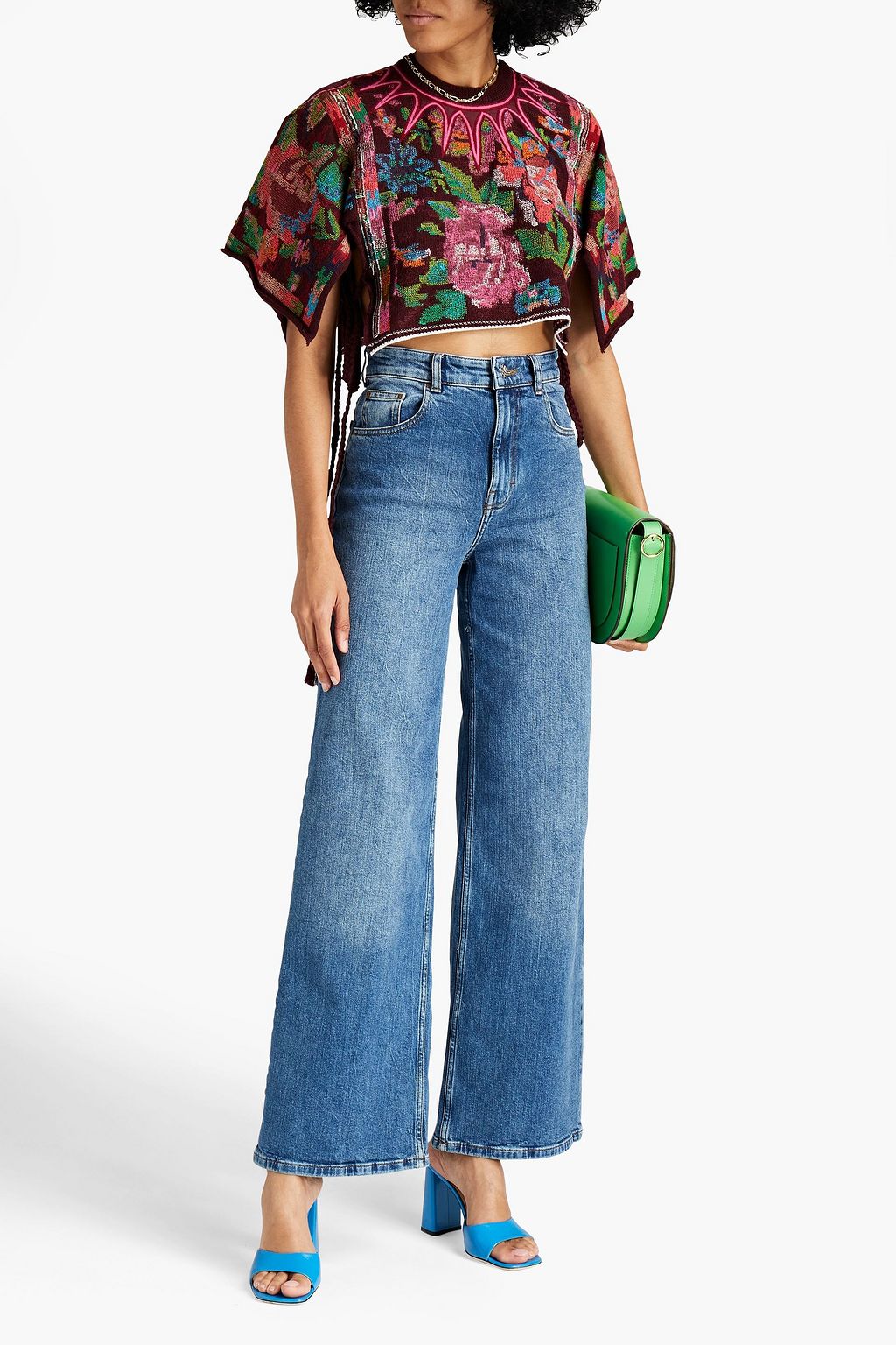 VALENTINO GARAVANI Cropped embroidered jacquard-knit wool top