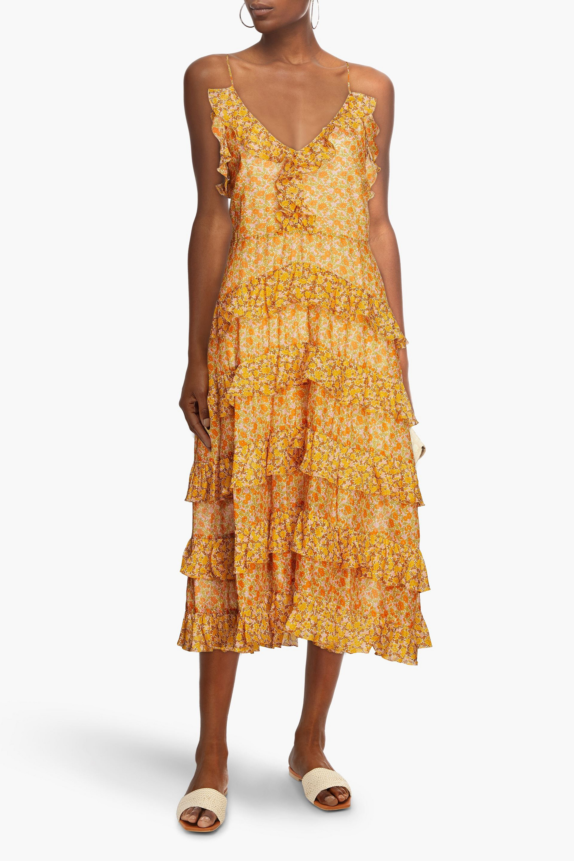 MAJE Ruffled floral-print cotton-poplin midi dress