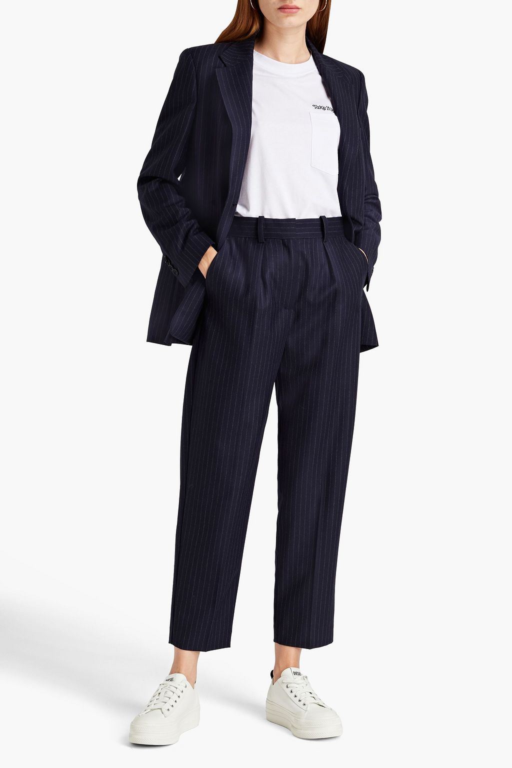 MAJE Pinstriped wool and cashmere-blend tapered pants