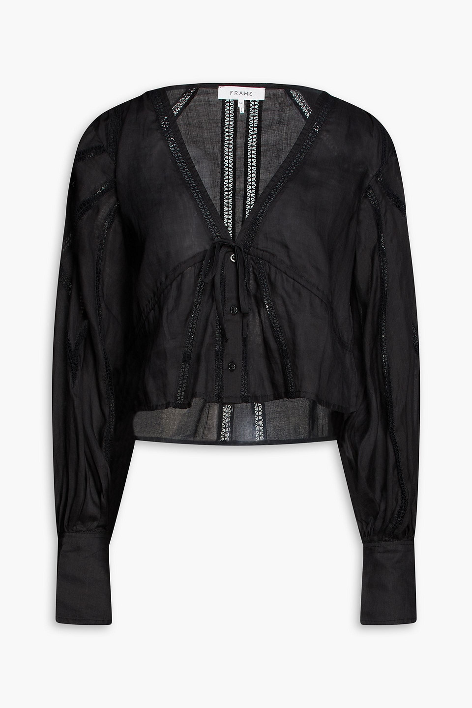 Frame Lattice-trimmed Ramie-gauze Top In Black