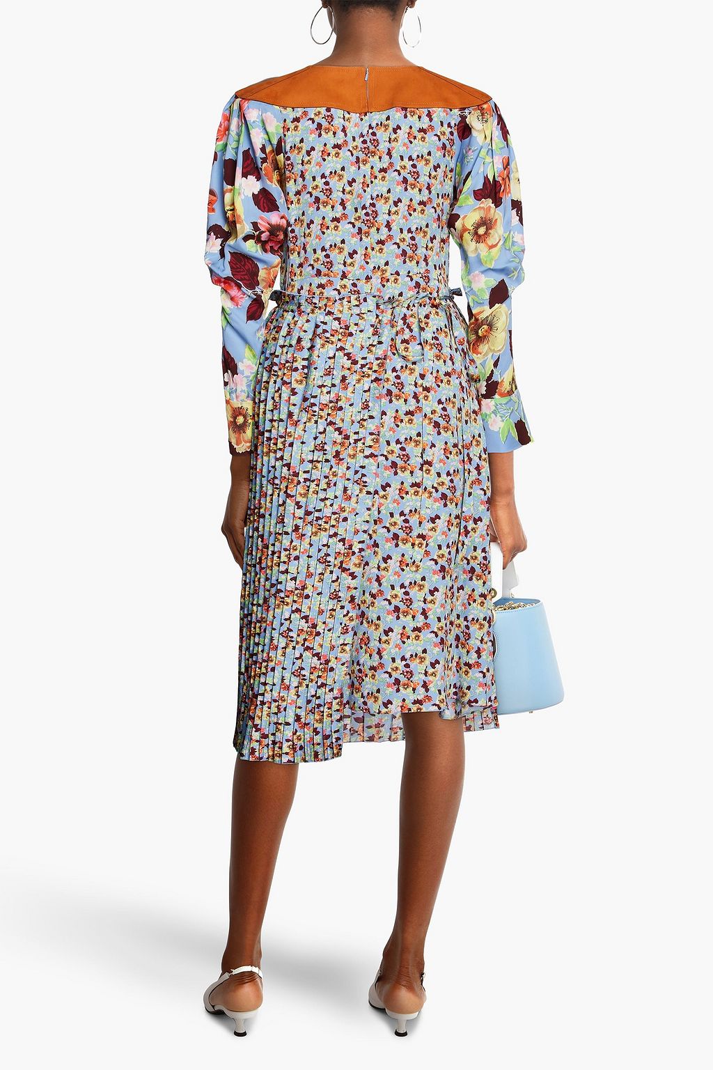 VICTORIA BECKHAM クレープ ミディワンピース プリーツ入り フェイクスエードトリム フローラルプリント