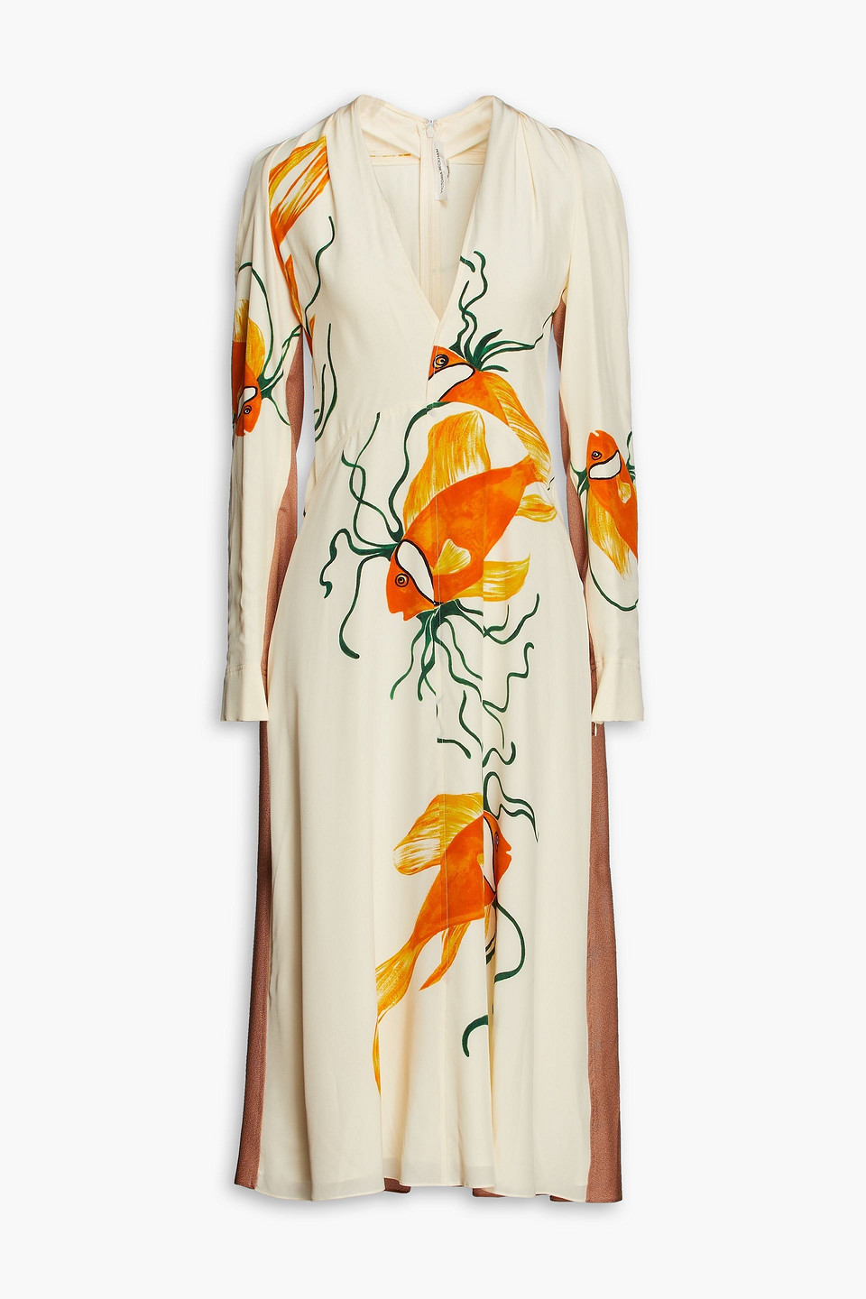 Victoria Beckham Cold-shoulder Paneled Printed Silk Crepe De Chine Midi Dress In Cream