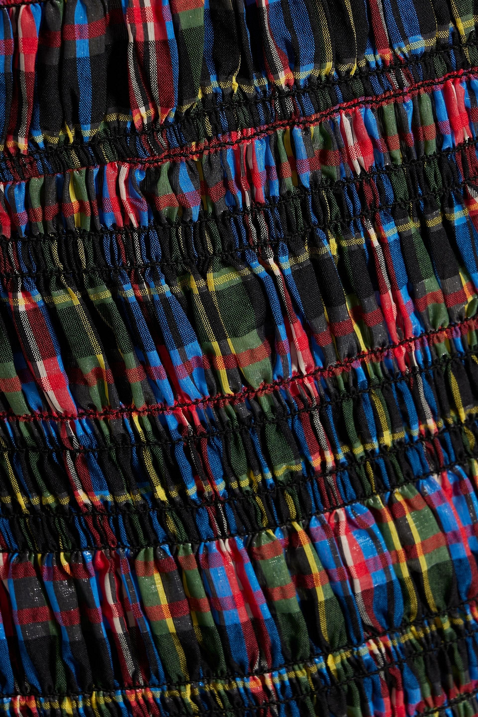 Ganni Shirred Checked Organic Cotton-blend Seersucker Midi Dress In Multicolor