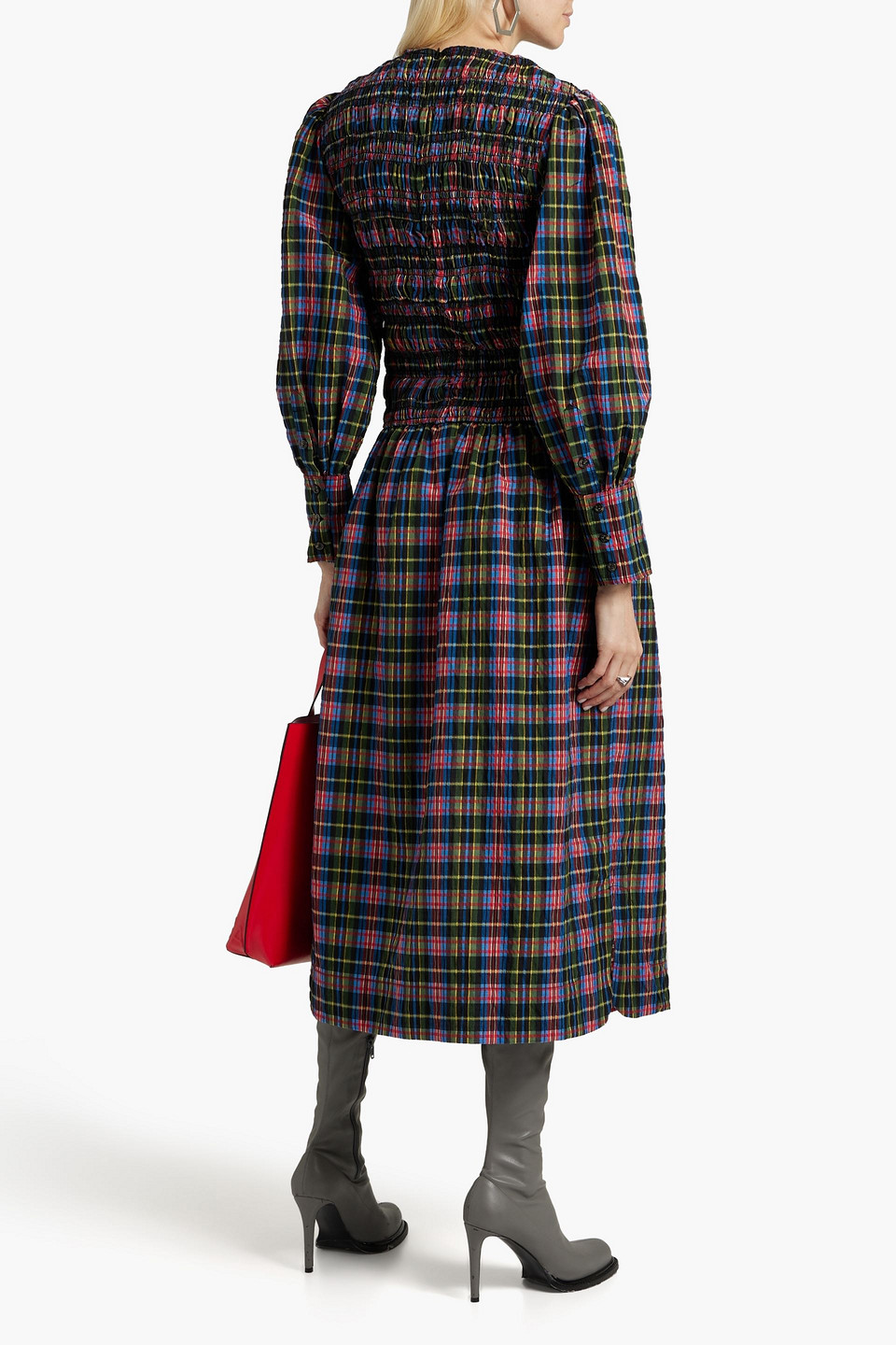 Ganni Shirred Checked Organic Cotton-blend Seersucker Midi Dress In Multicolor
