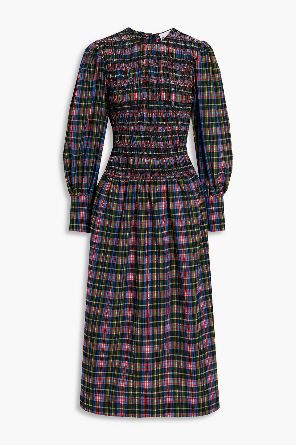 Shop Ganni Shirred Checked Cotton-blend Seersucker Midi Dress In Multicolor