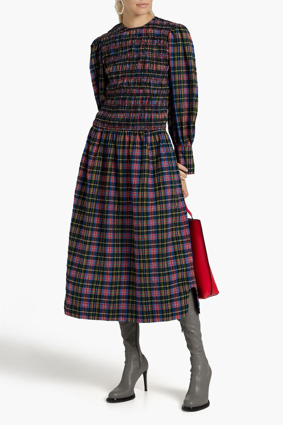 Shop Ganni Shirred Checked Cotton-blend Seersucker Midi Dress In Multicolor