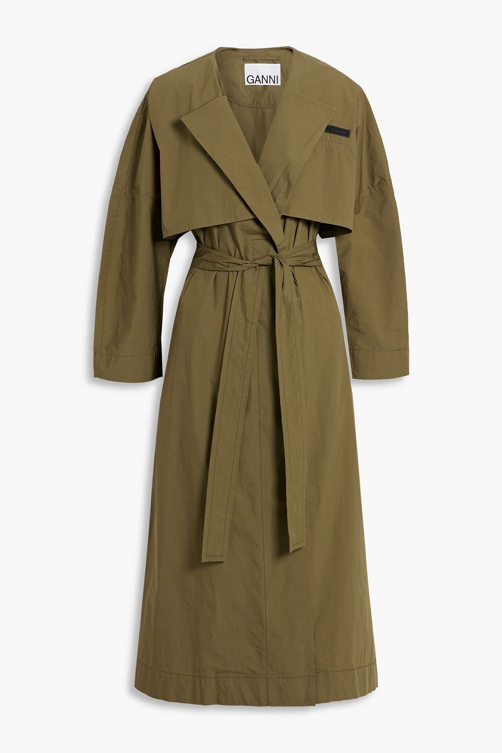 Army green Belted organic cotton-blend trench coat | GANNI | THE OUTNET