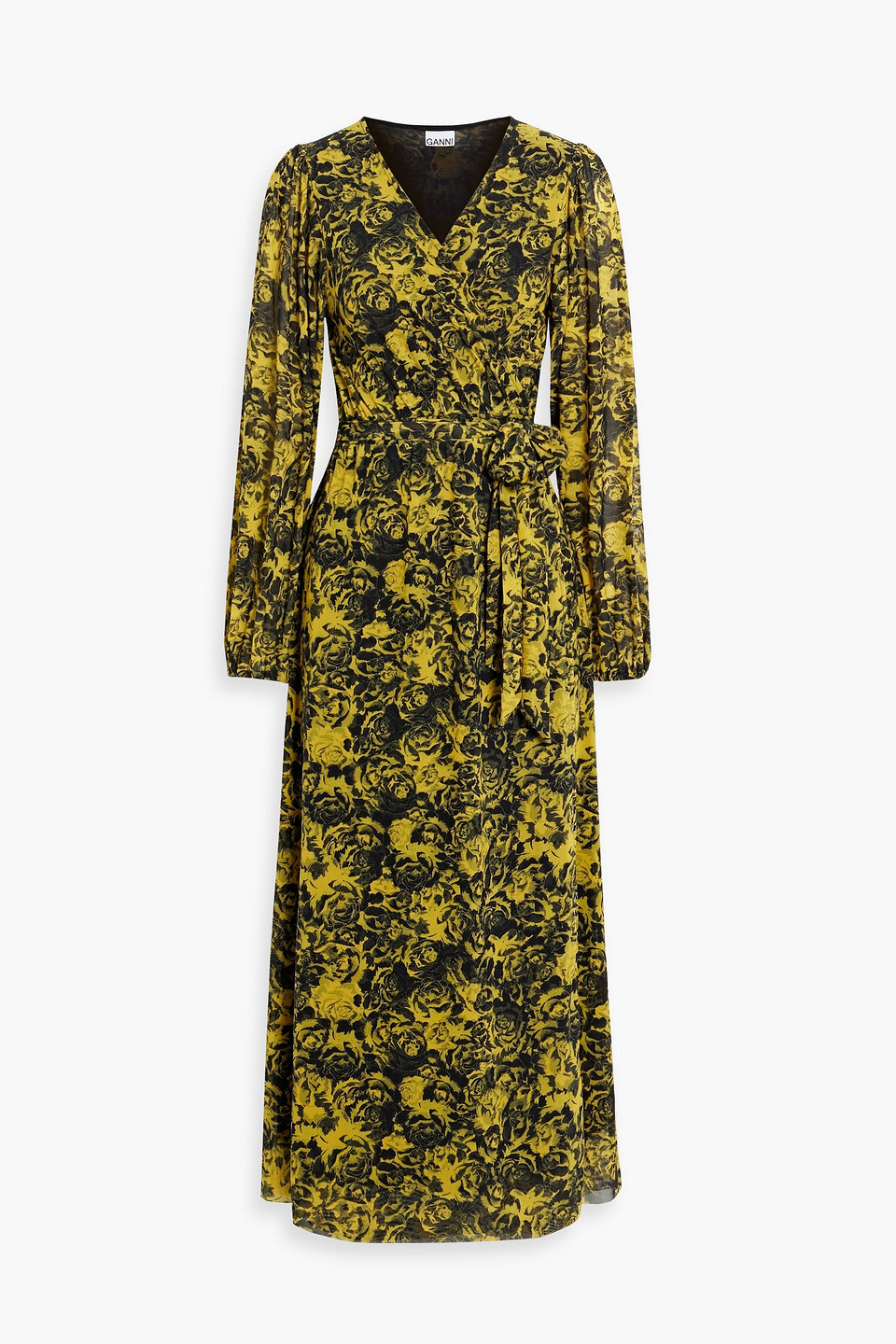 ganni - printed mesh midi wrap dress - yellow - eu 32