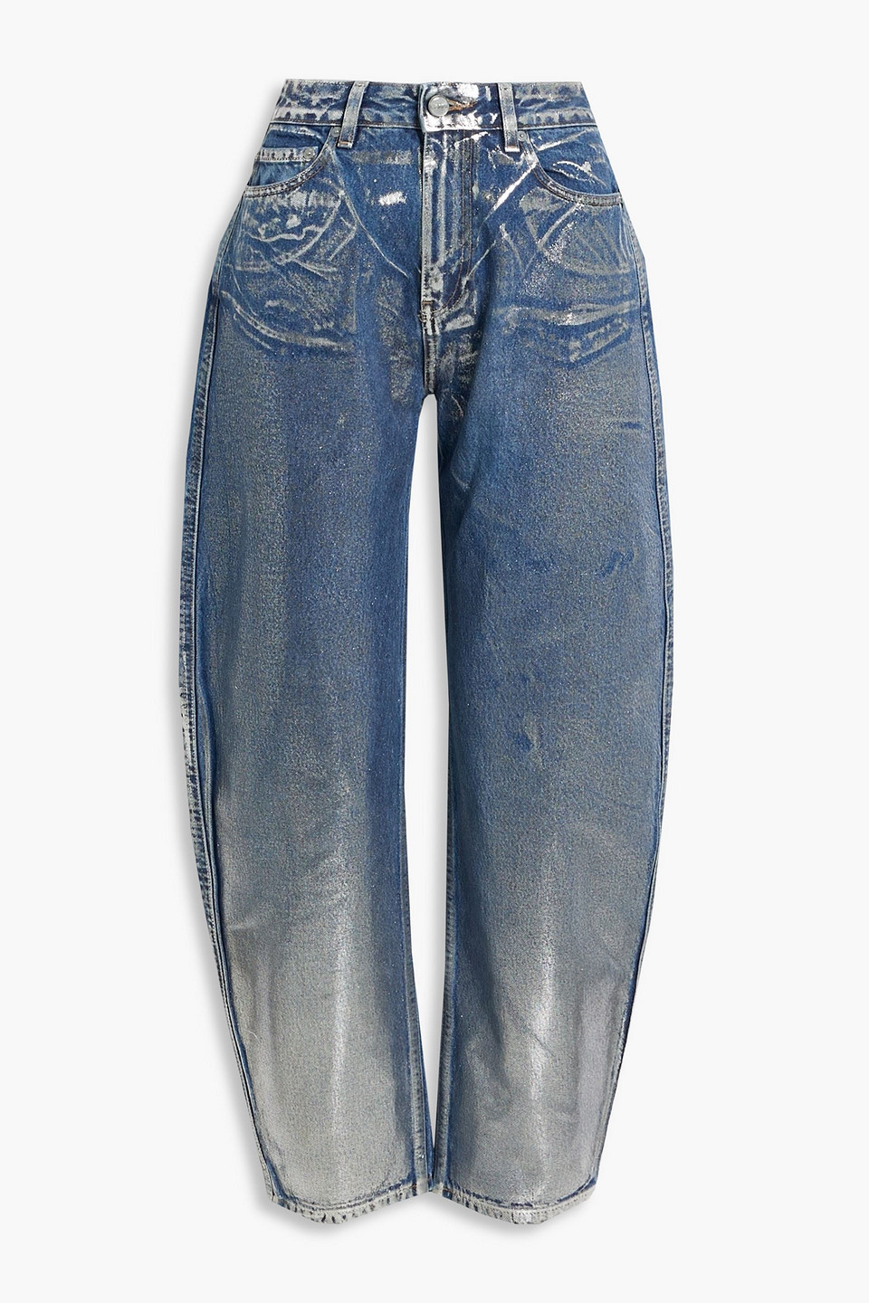 ganni - metallic coated high-rise tapered jeans - blue - 26