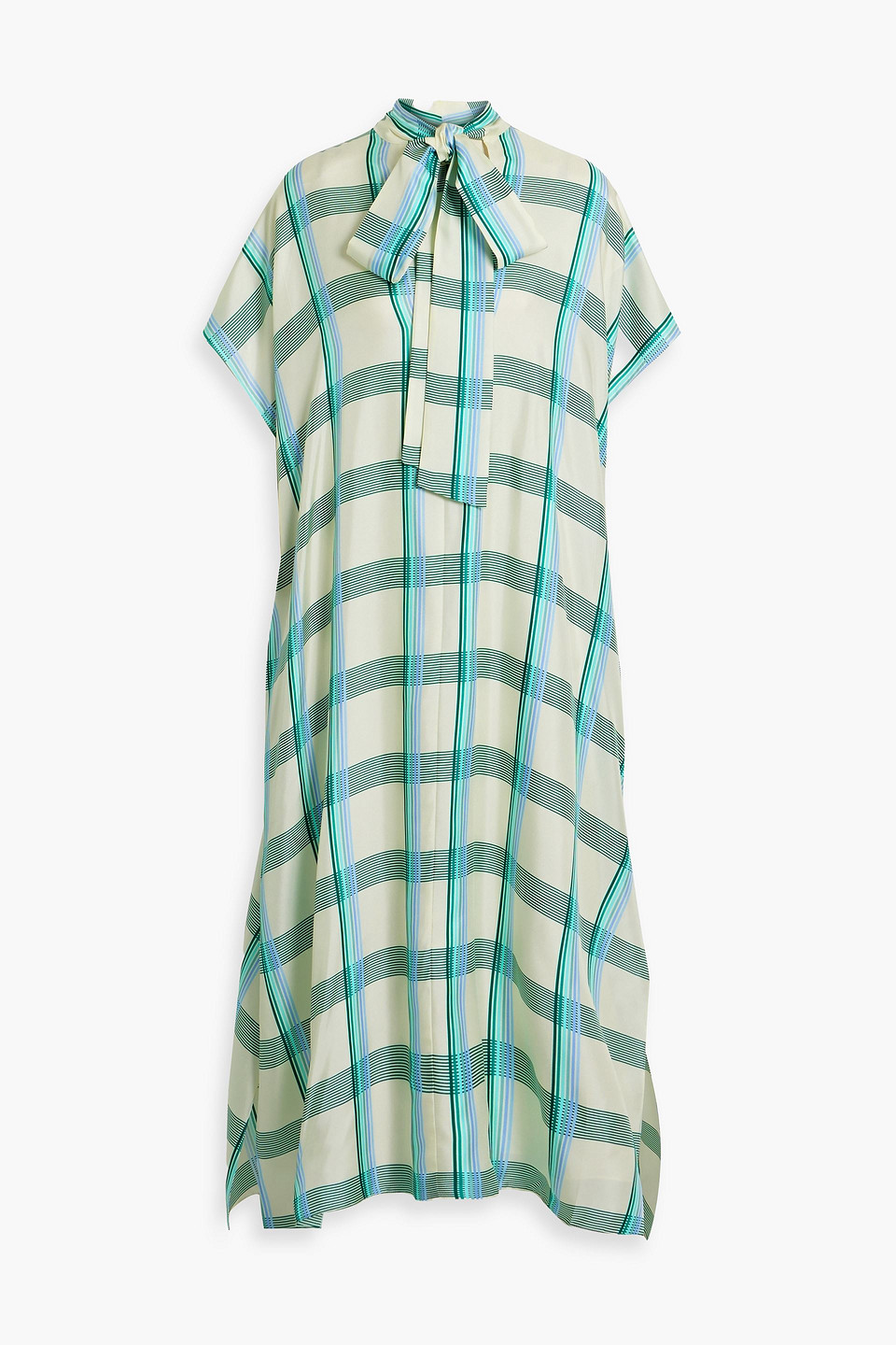 Pussy-bow checked silk-twill midi dress