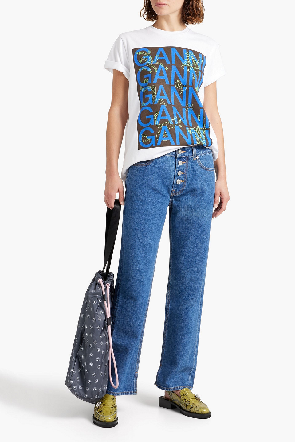 Ganni Printed High-rise Straight-leg Jeans In Mid Denim