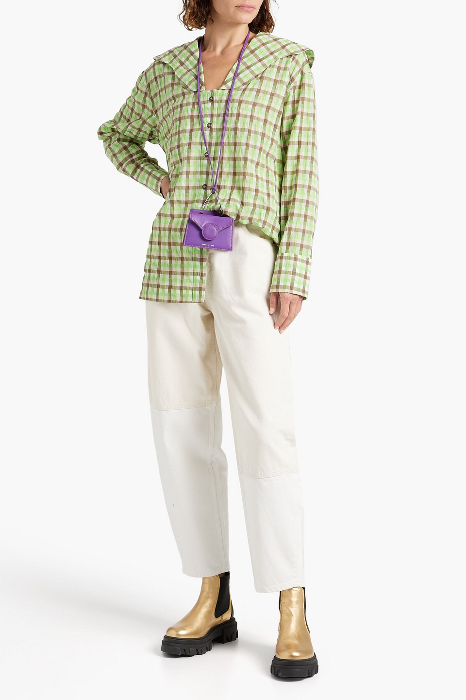 Ganni Checked Organic Cotton-blend Seersucker Shirt In Light Gray