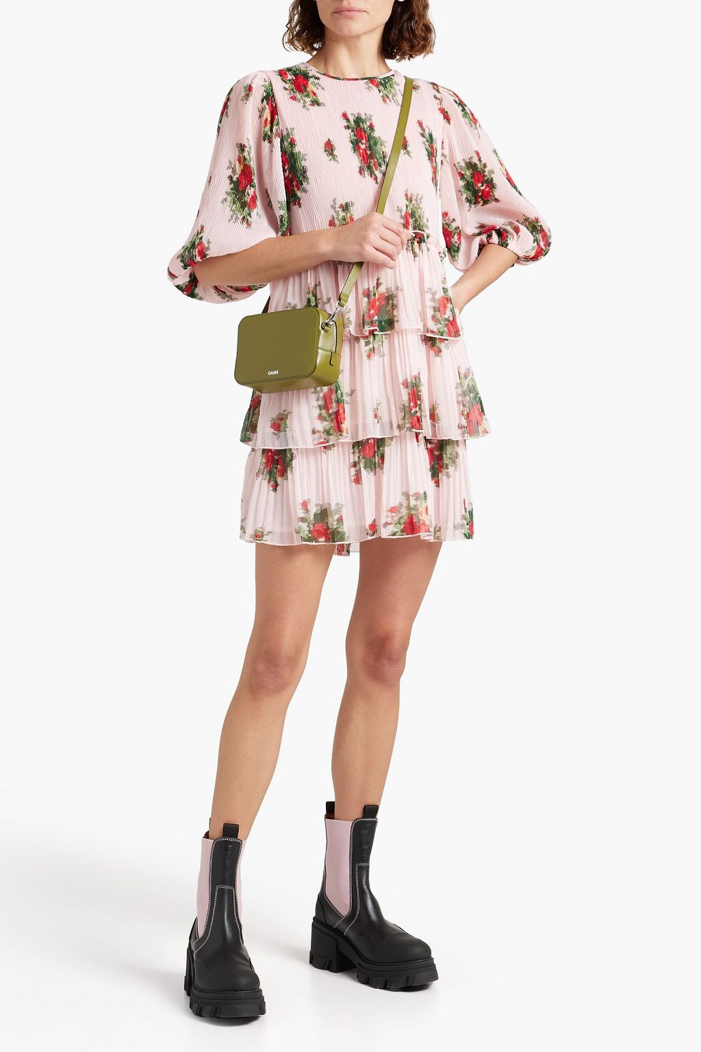 GANNI Tiered floral-print plissé-crepe mini dress | THE OUTNET