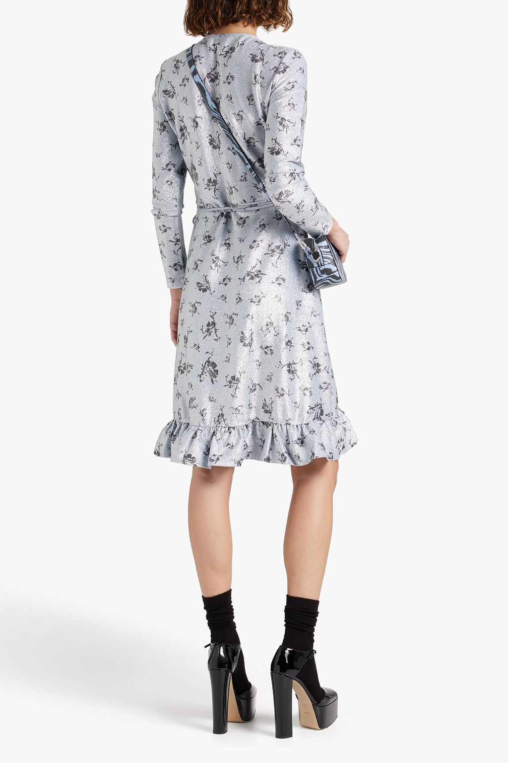GANNI Bedrucktes Mini-Wickelkleid aus Lametta mit Rüschen