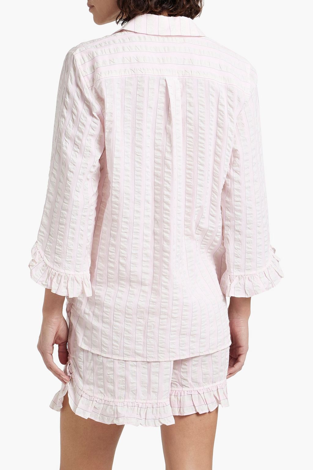 GANNI Cherry Blossom ruffled striped organic cotton-seersucker pajama shorts