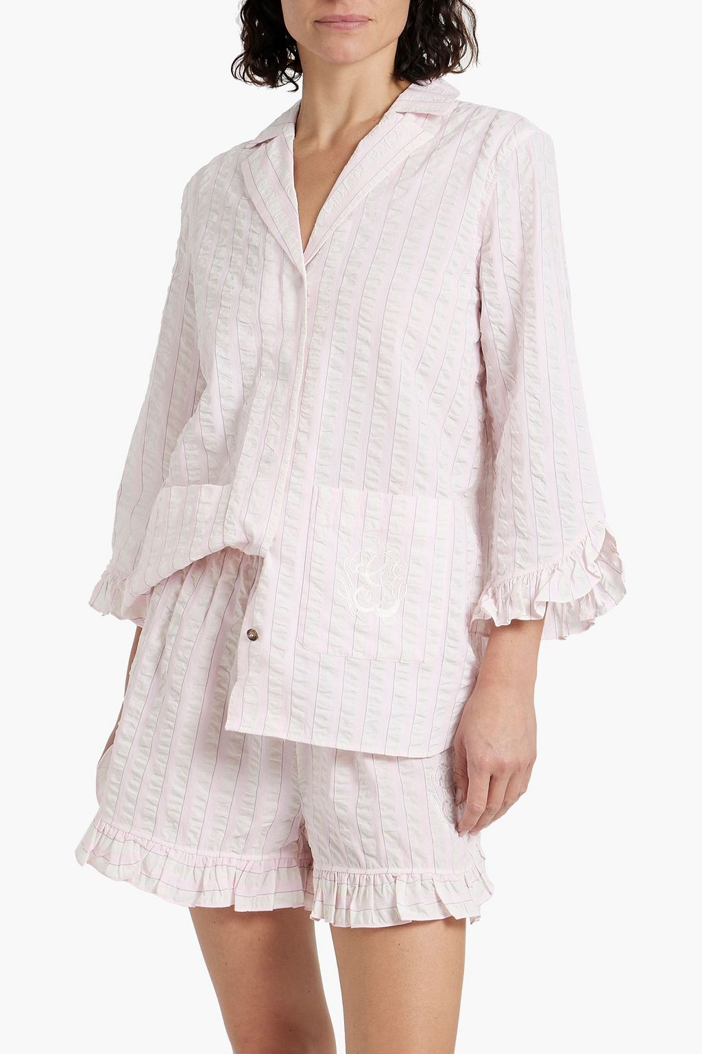 GANNI Cherry Blossom ruffled striped organic cotton-seersucker pajama shorts