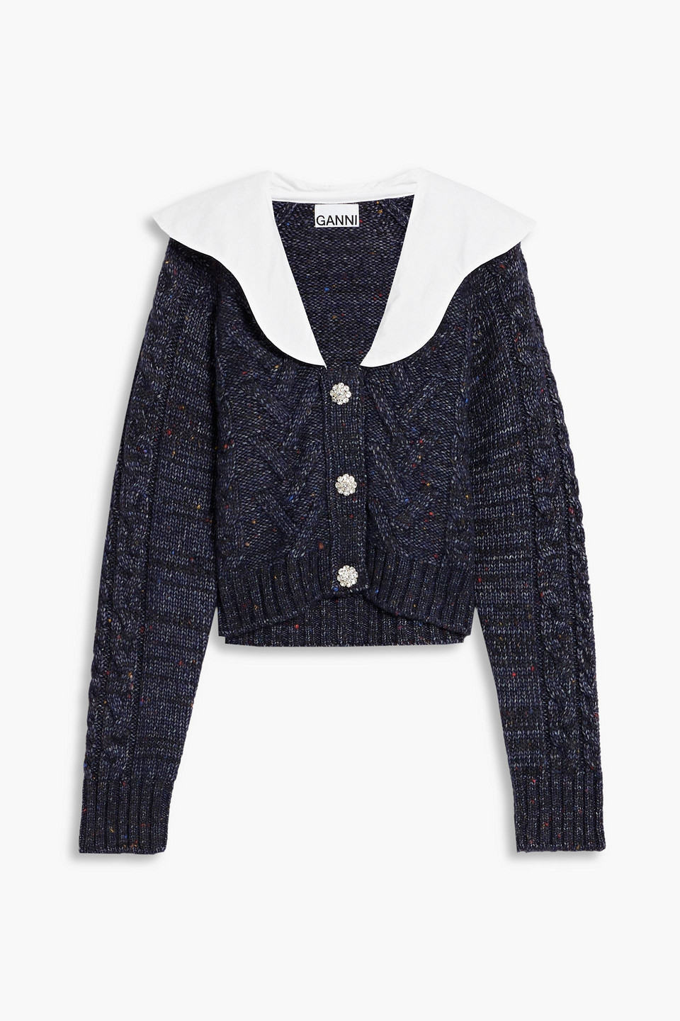 Ganni Poplin-trimmed Donegal Cable-knit Cardigan In Storm Blue